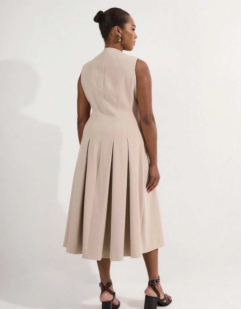 Plus Size Compact Stretch Sleeveless Full Skirted Button Front Tailored Midi Dress