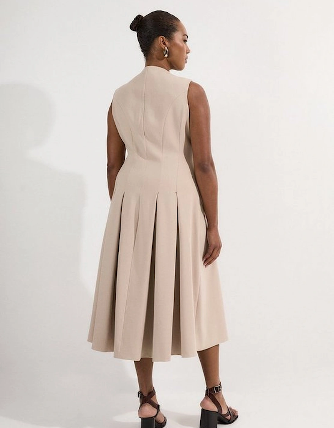 Plus Size Compact Stretch Sleeveless Full Skirted Button Front Tailored Midi Dress
