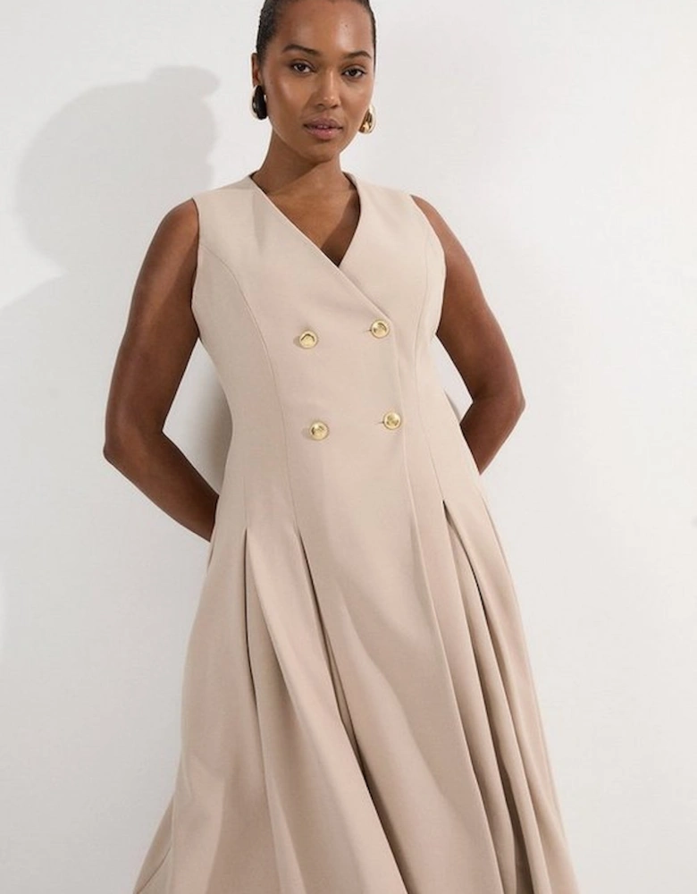 Plus Size Compact Stretch Sleeveless Full Skirted Button Front Tailored Midi Dress