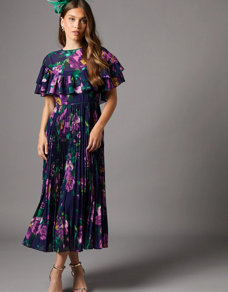 Cape Sleeve Chiffon Midi Dress With Pleated Skirt