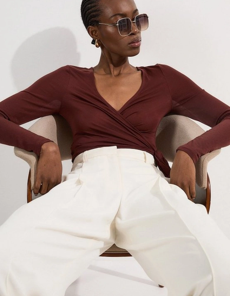 Tencel Jersey Wrap Detail Plunge Neck Long Sleeve Top