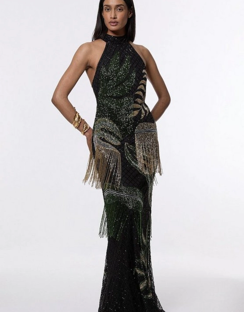 Petite Tropical Beaded Strappy Back Woven Halter Maxi Dress