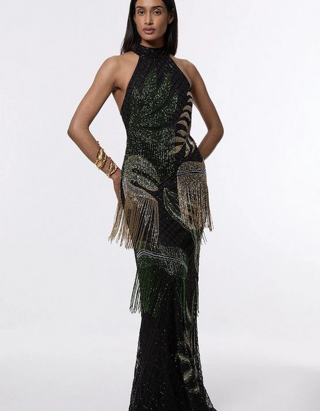 Petite Tropical Beaded Strappy Back Woven Halter Maxi Dress, 4 of 3