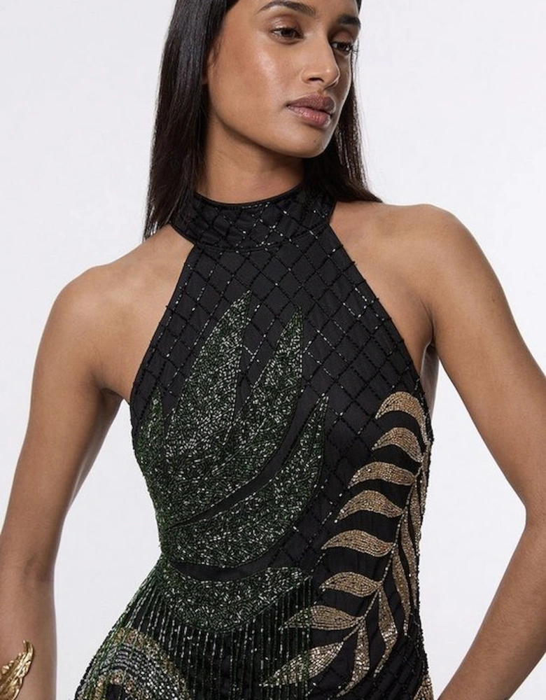 Petite Tropical Beaded Strappy Back Woven Halter Maxi Dress