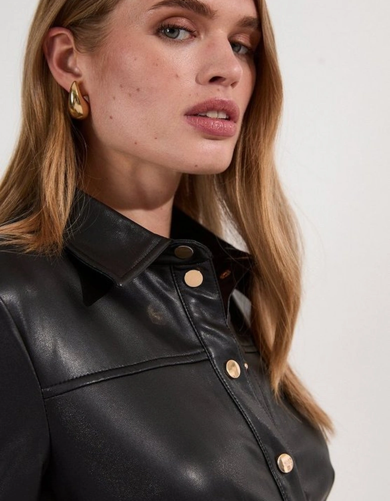 Petite Faux Leather Belted Midi Shirt Dress