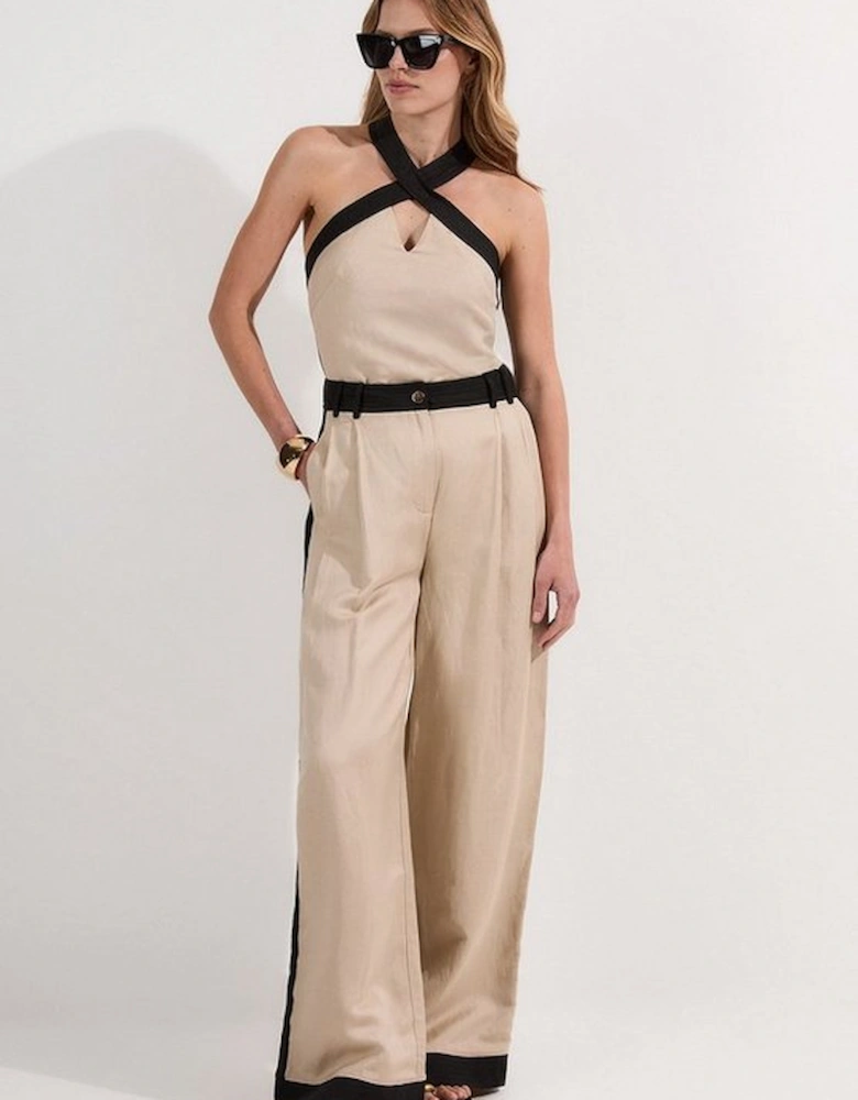 Petite Contrast Linen Halter Neck Woven Top