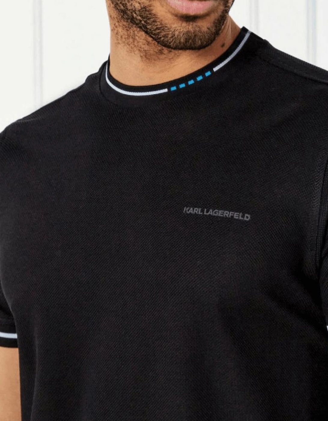 Cotton Textured Mesh Printed Logo Black T-Shirt