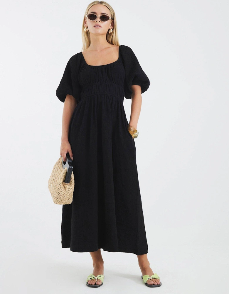 Petite Short Sleeve Linen Midi Dress - Black