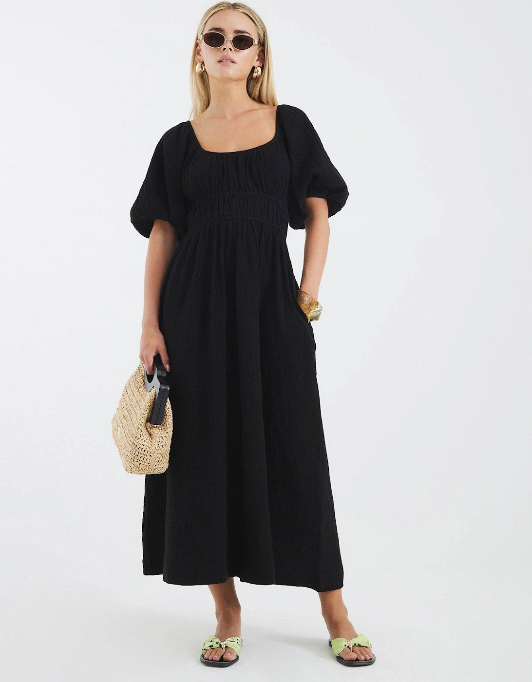 Petite Short Sleeve Linen Midi Dress - Black, 2 of 1