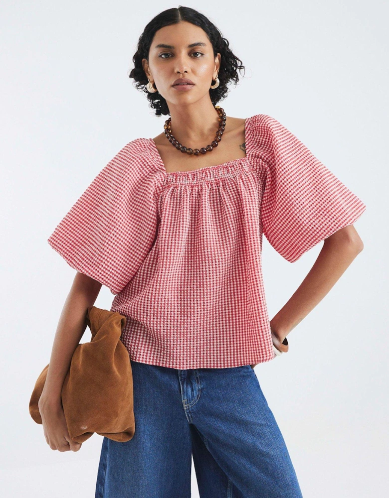 Print Puff Sleeve Detail Top - Red