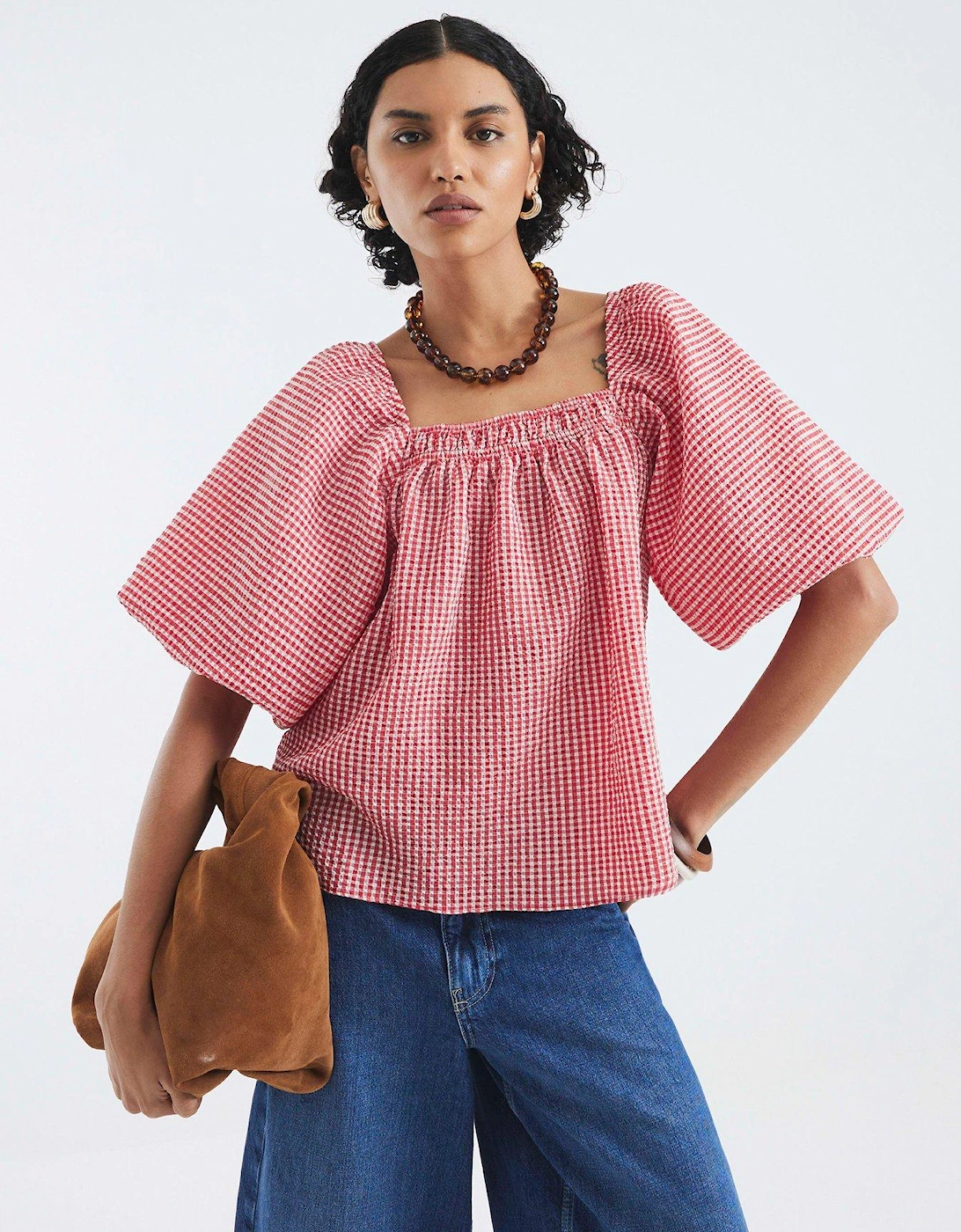 Print Puff Sleeve Detail Top - Red, 2 of 1