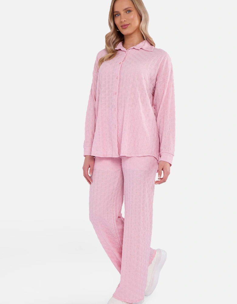 Pink Textured Oversized Long Sleeves Shirt