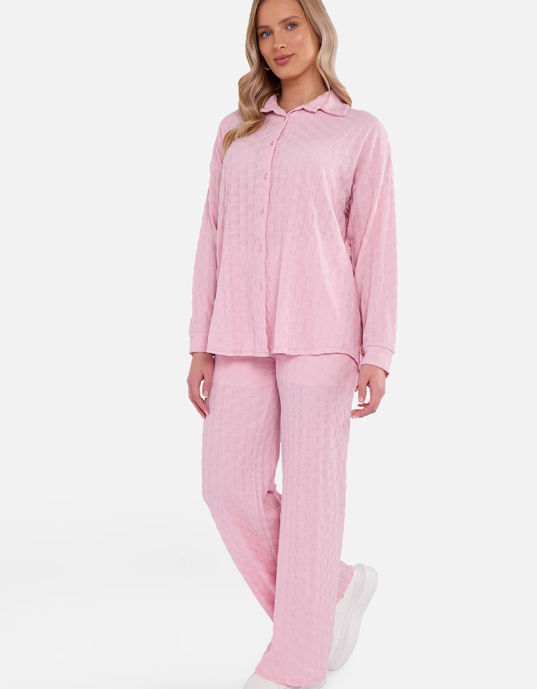 Pink Textured Oversized Long Sleeves Shirt