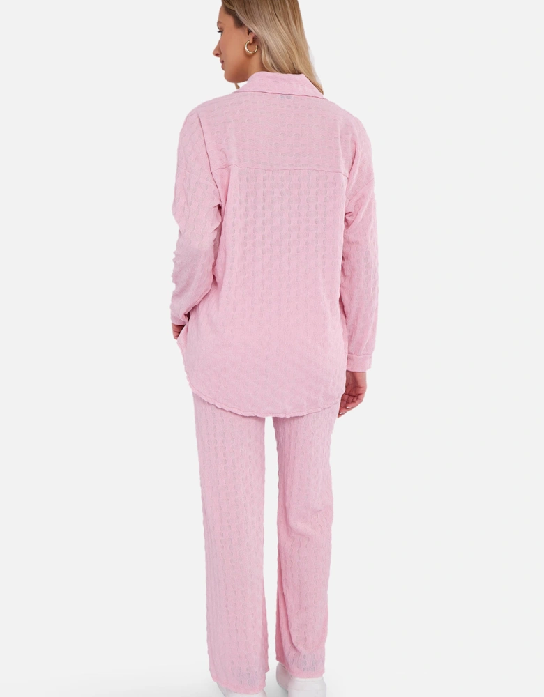 Pink Textured Oversized Long Sleeves Shirt