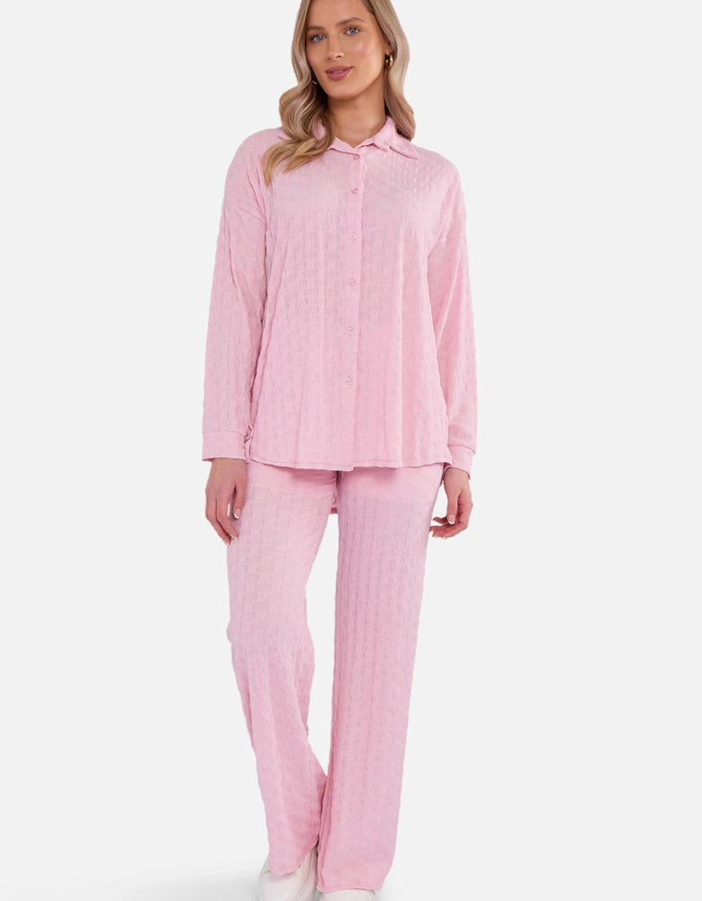 Pink Textured Oversized Long Sleeves Shirt