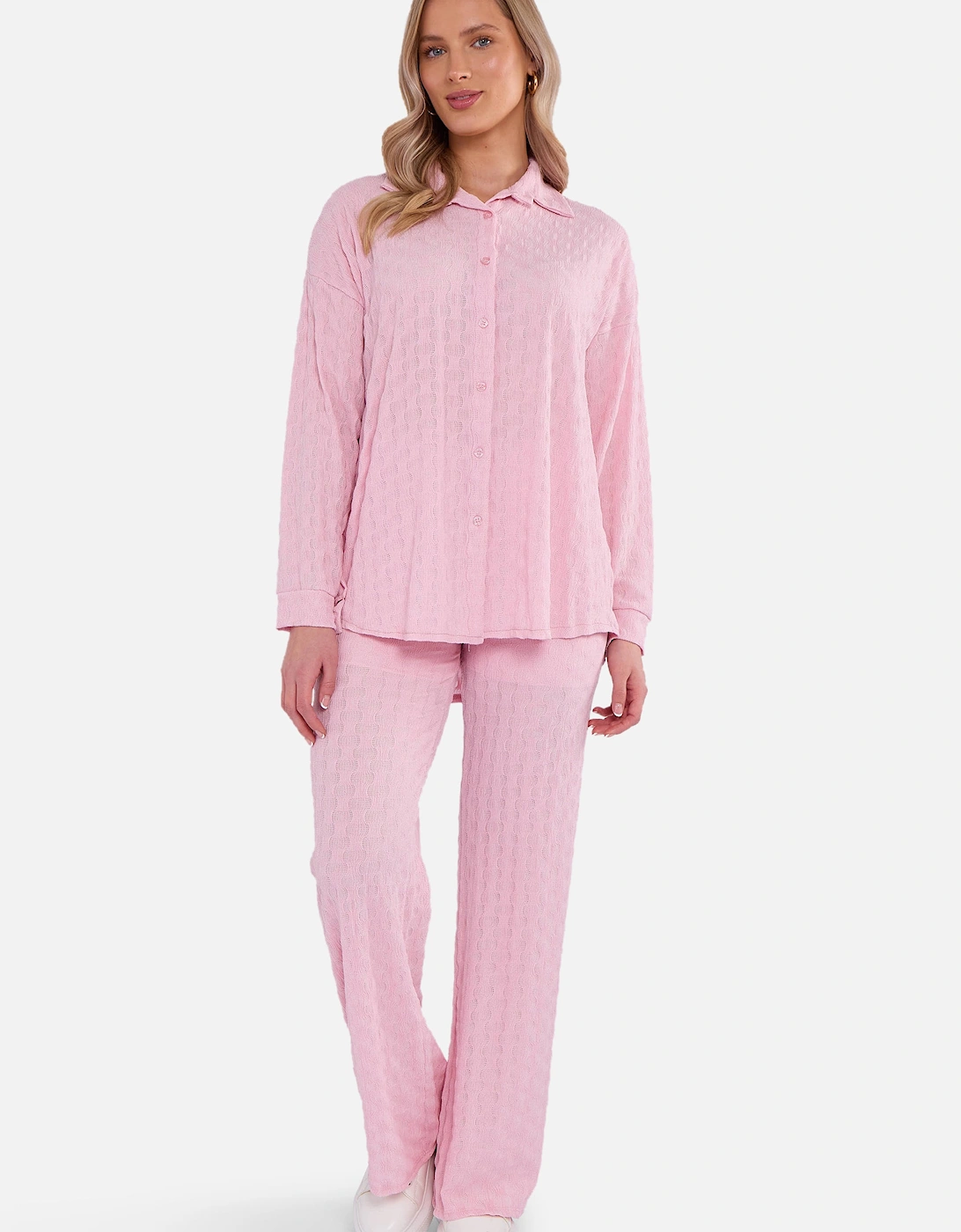 Pink Textured Oversized Long Sleeves Shirt, 5 of 4