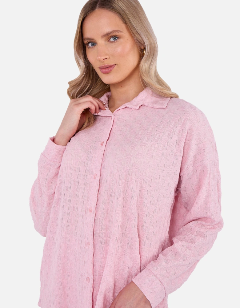 Pink Textured Oversized Long Sleeves Shirt