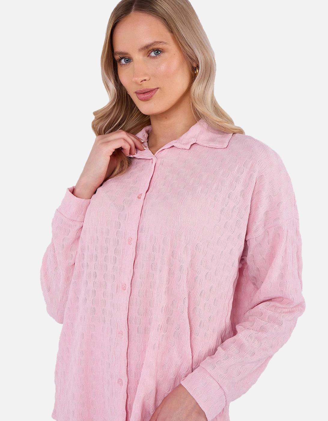 Pink Textured Oversized Long Sleeves Shirt