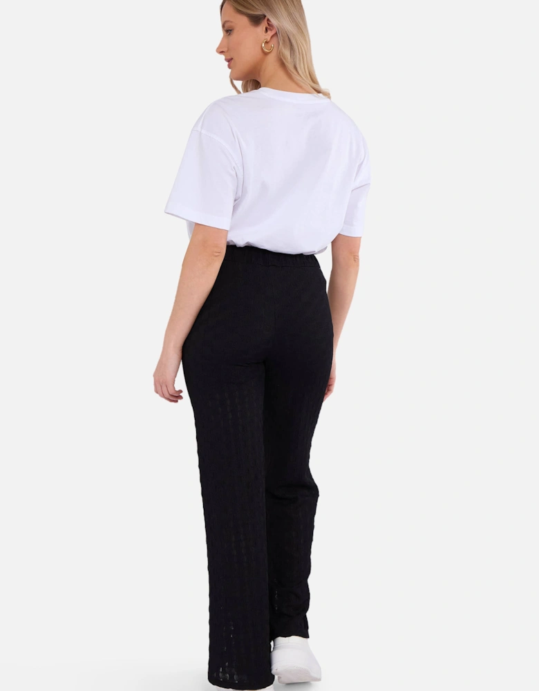 Black Textured Elasticated Waist Flared Trousers