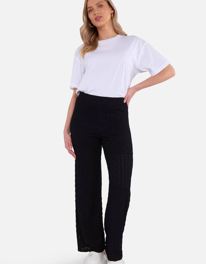 Black Textured Elasticated Waist Flared Trousers