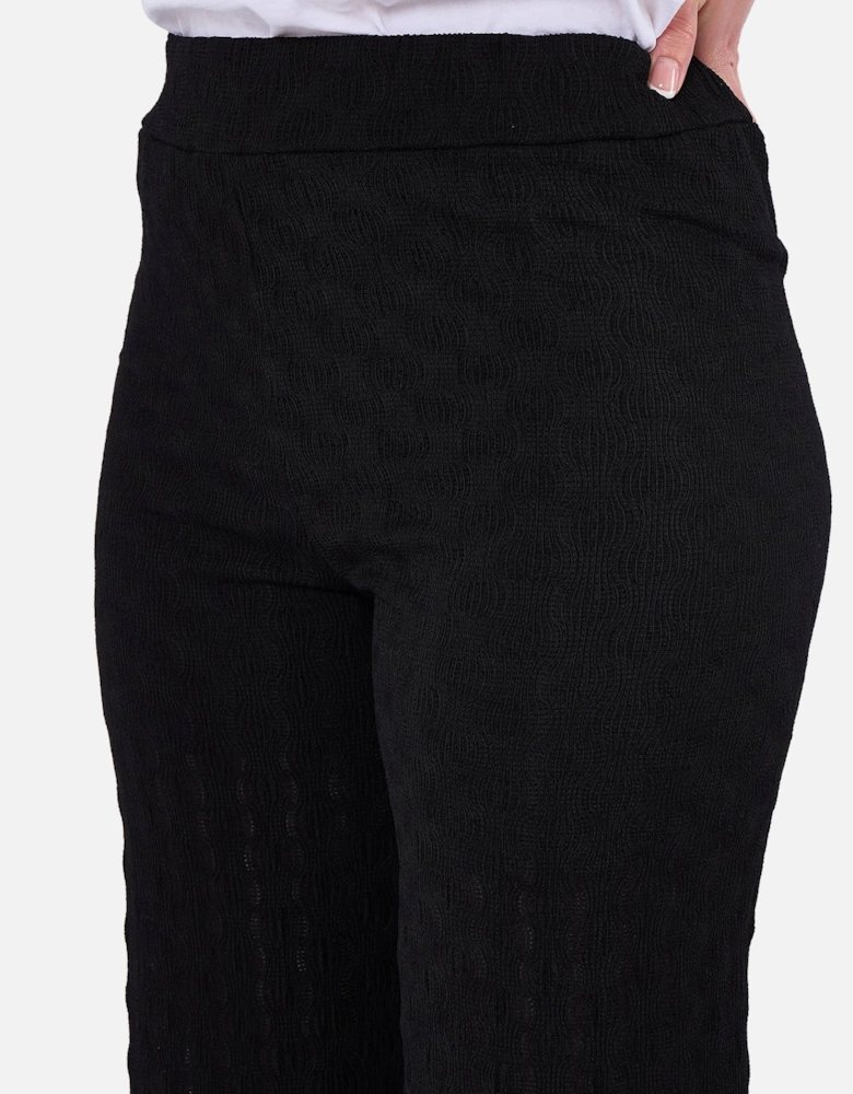 Black Textured Elasticated Waist Flared Trousers