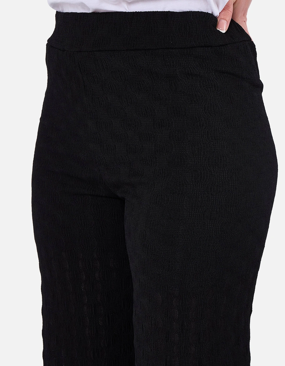 Black Textured Elasticated Waist Flared Trousers