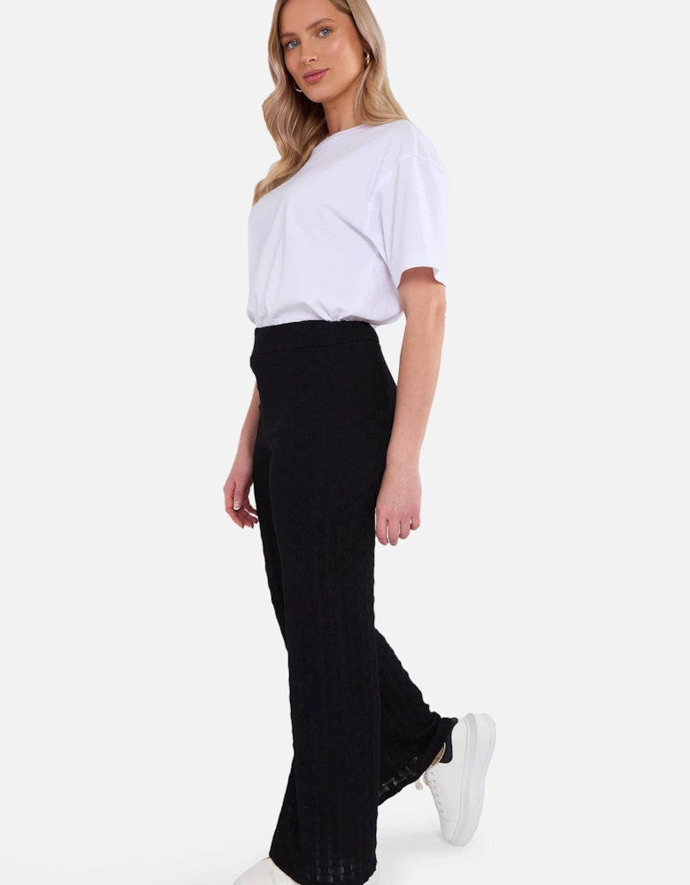 Black Textured Elasticated Waist Flared Trousers