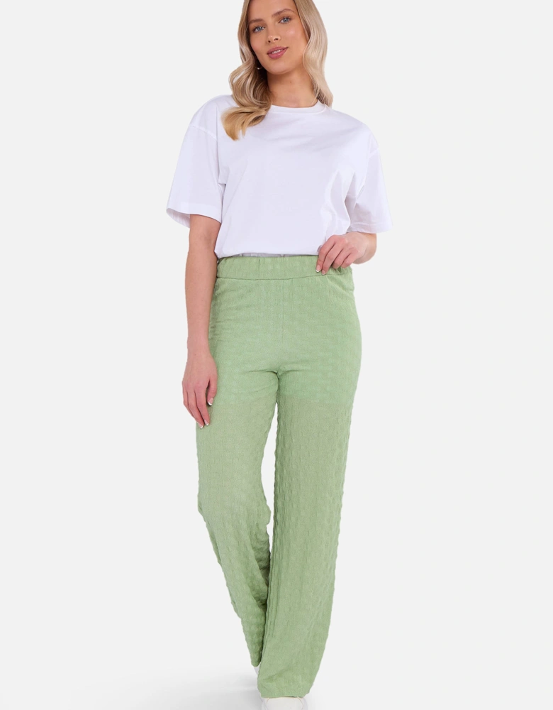 Sage Green Textured Elasticated Waist Flared Trousers