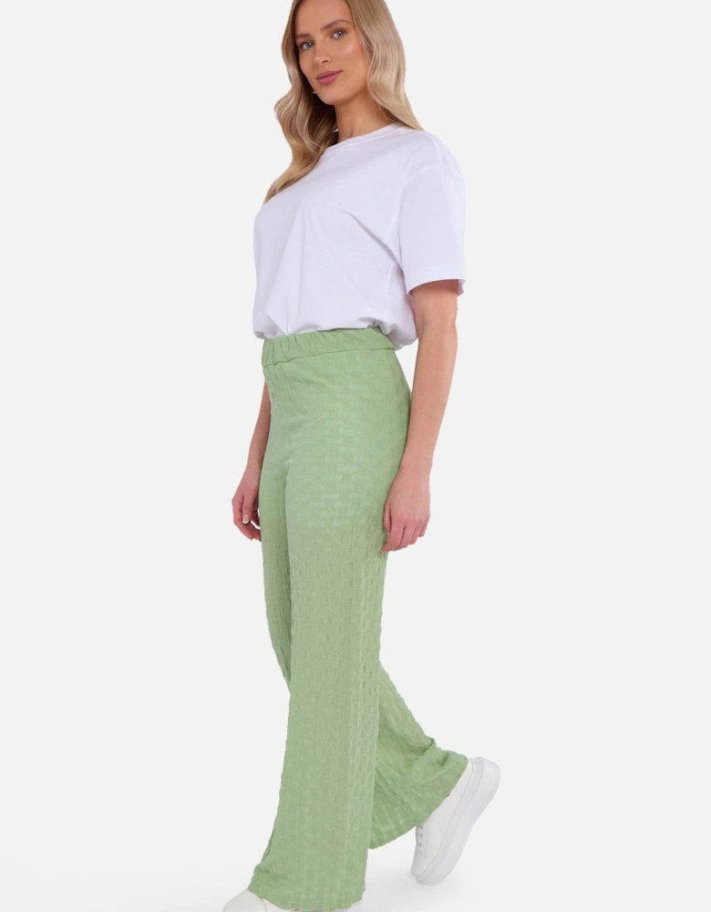 Sage Green Textured Elasticated Waist Flared Trousers