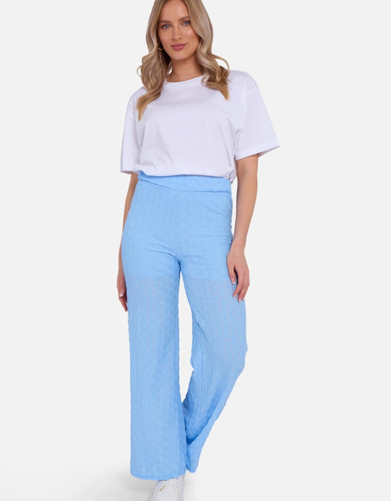 Sky Blue Textured Elasticated Waist Flared Trousers