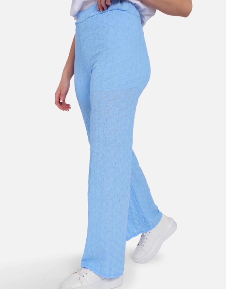 Sky Blue Textured Elasticated Waist Flared Trousers