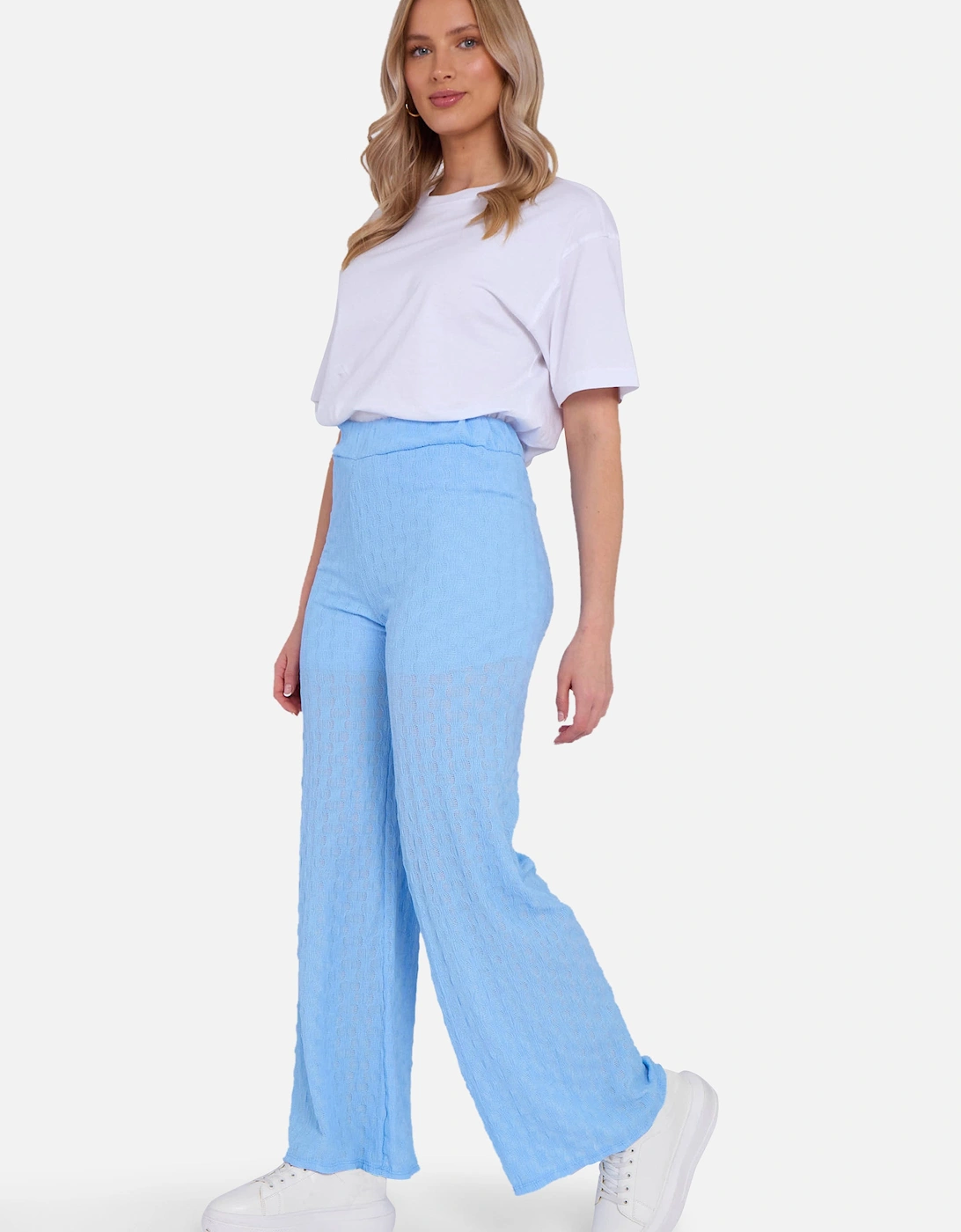 Sky Blue Textured Elasticated Waist Flared Trousers