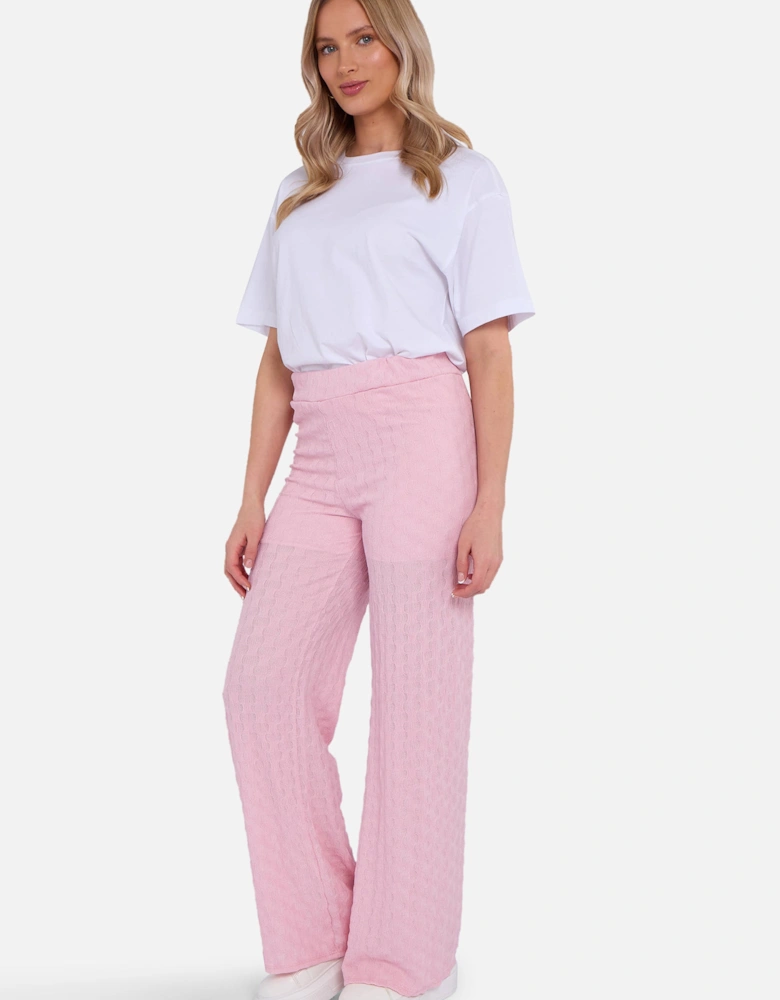 Pink Textured Elasticated Waist Flared Trousers