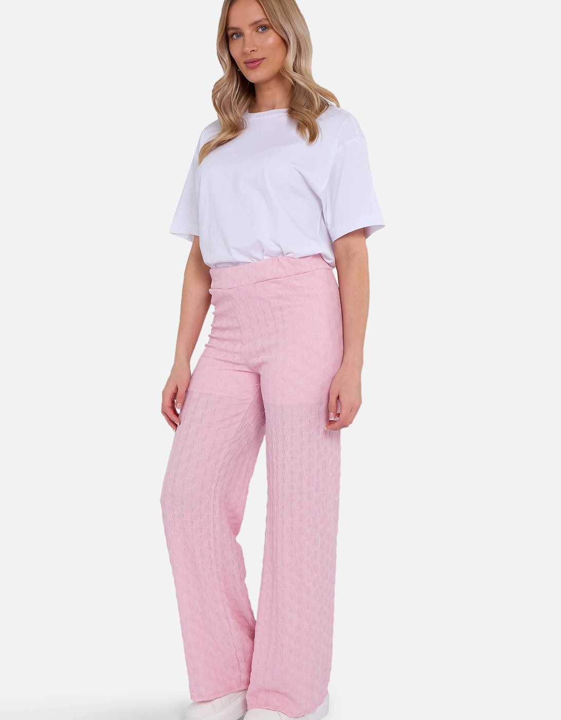Pink Textured Elasticated Waist Flared Trousers