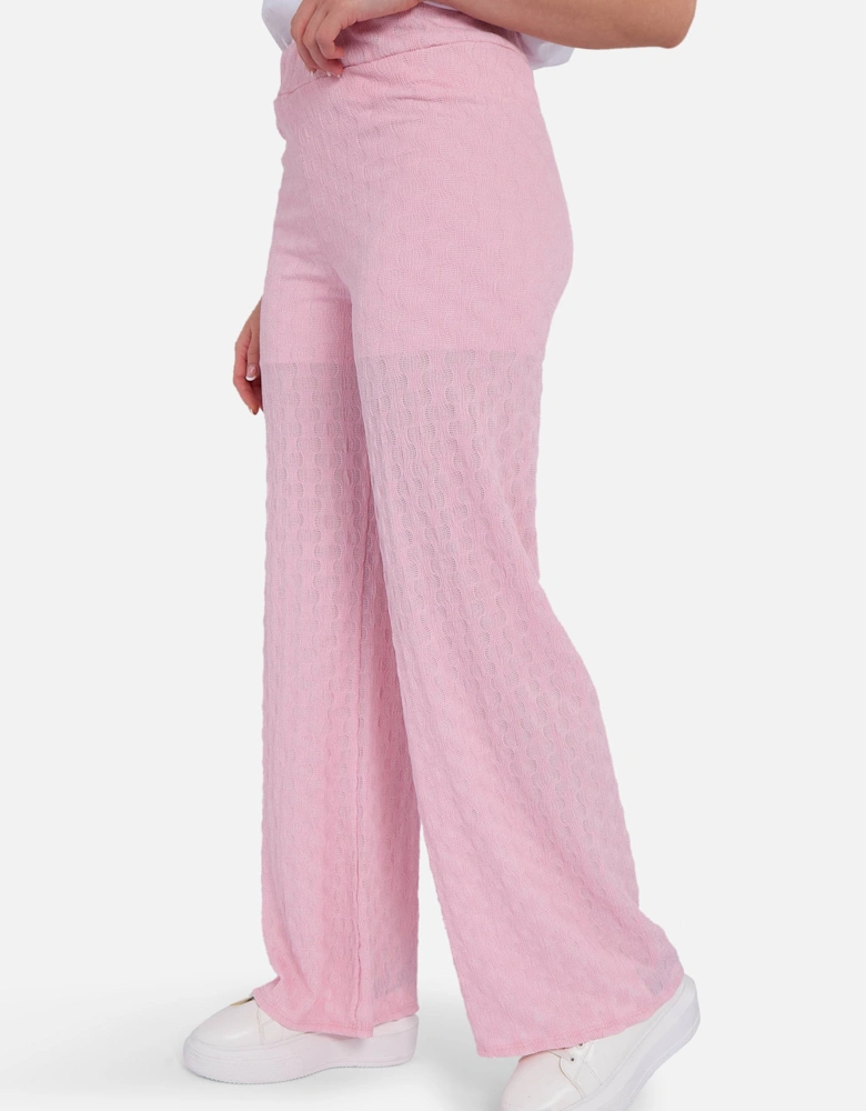 Pink Textured Elasticated Waist Flared Trousers
