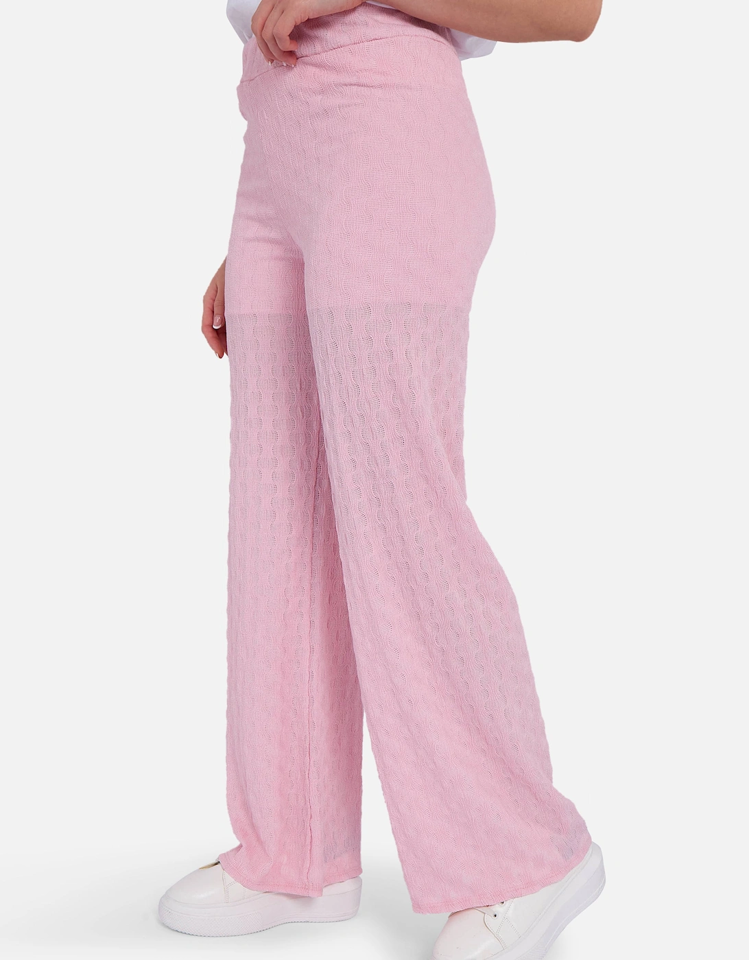 Pink Textured Elasticated Waist Flared Trousers