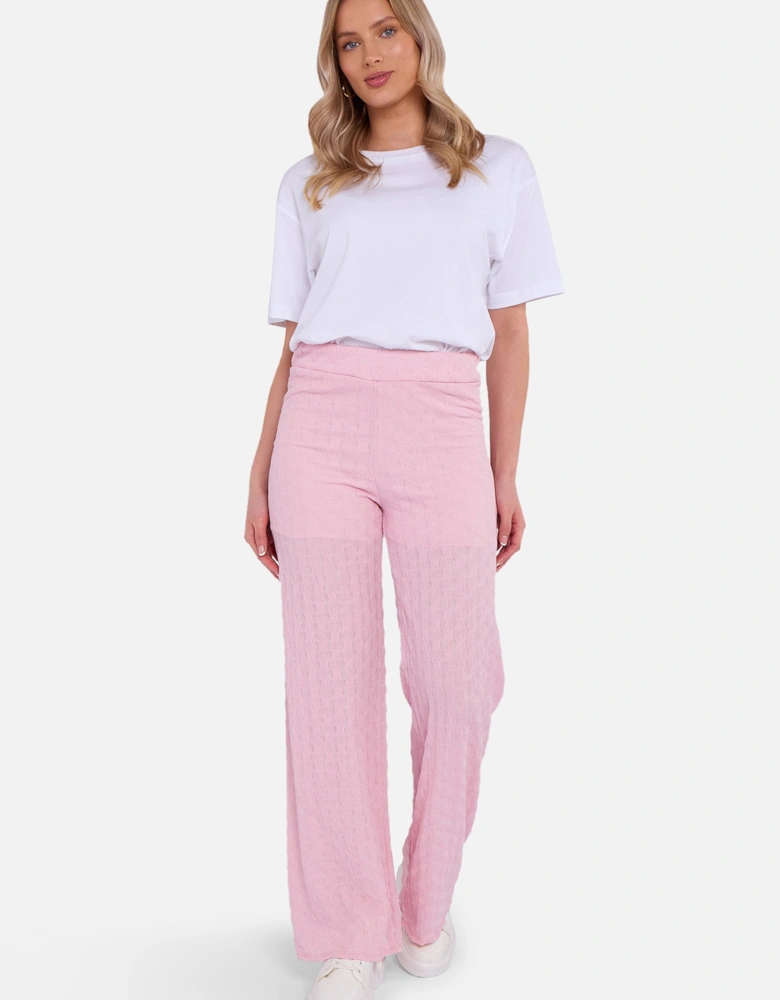 Pink Textured Elasticated Waist Flared Trousers