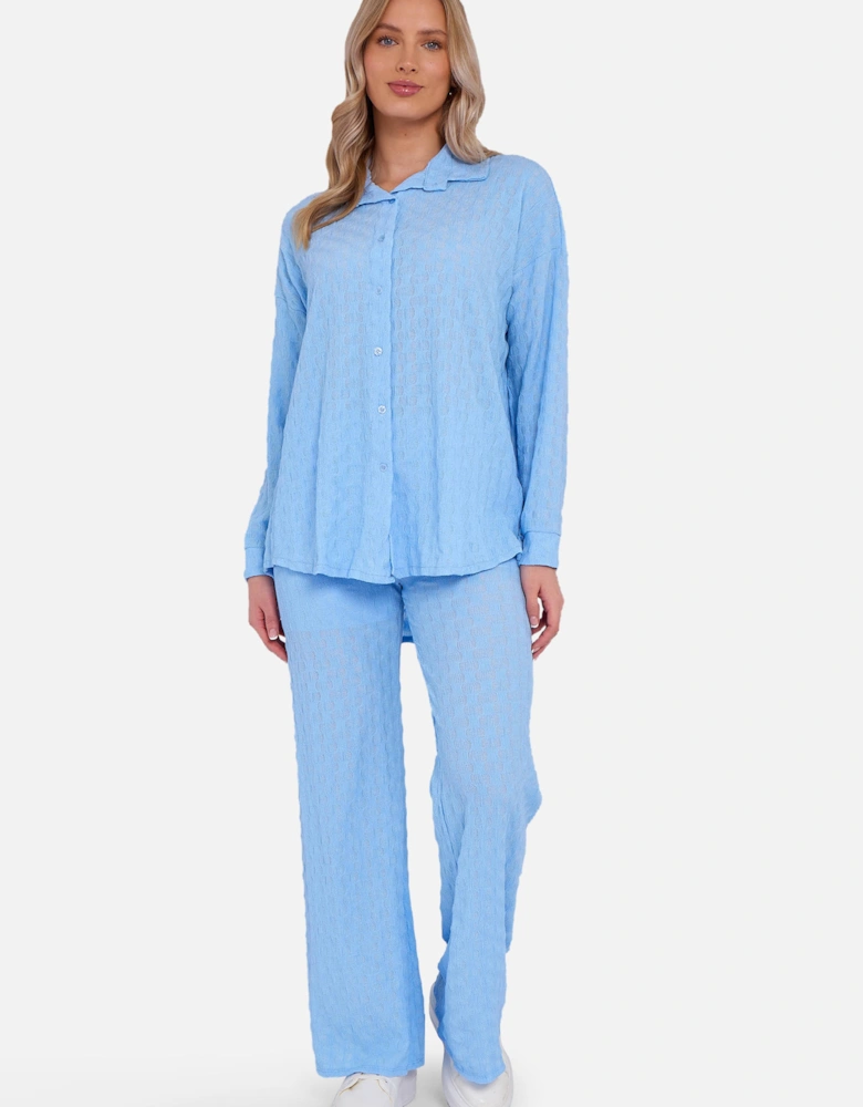 Sky Blue Textured Oversized Long Sleeves Shirt