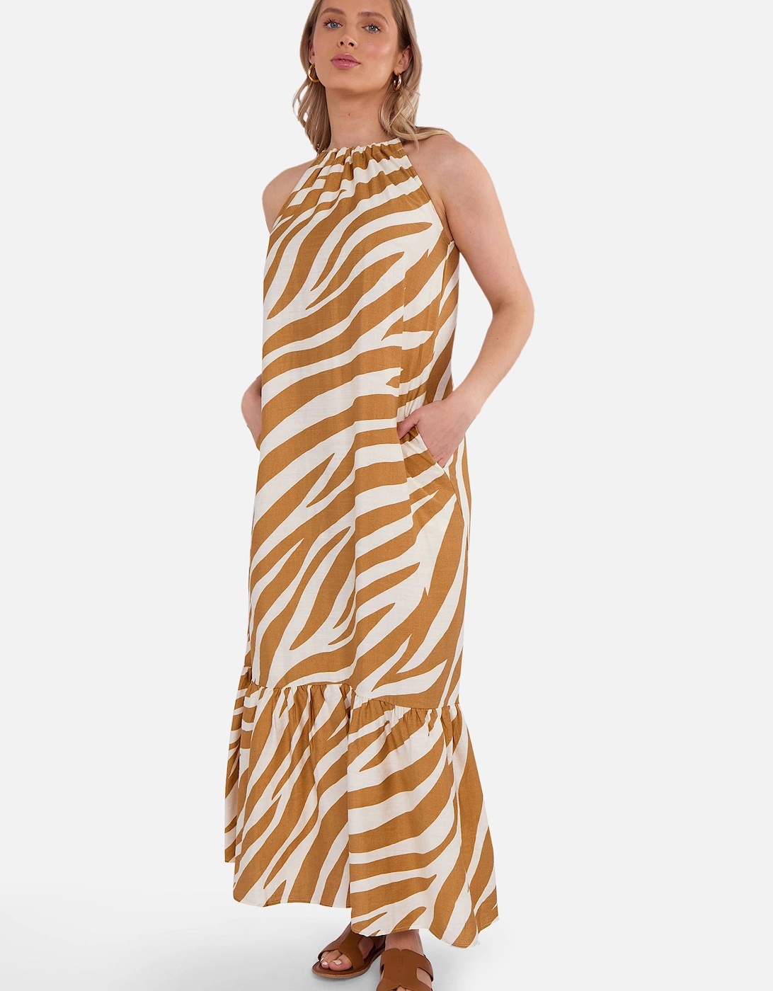 Brown Zebra Print Halter Neck Maxi Dress, 5 of 4
