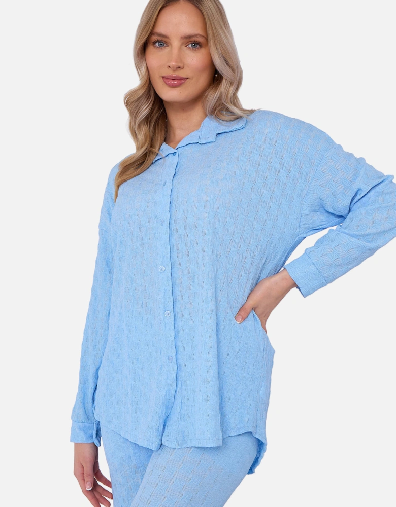 Sky Blue Textured Oversized Long Sleeves Shirt