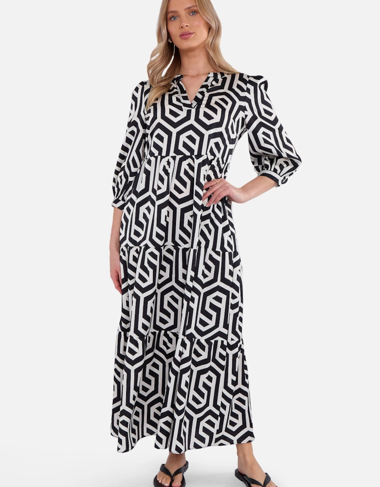 Black Geo Print Smock Maxi Dress