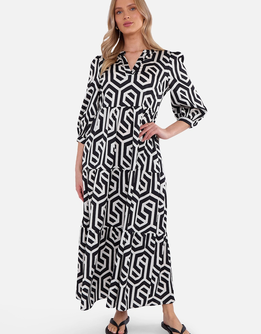 Black Geo Print Smock Maxi Dress
