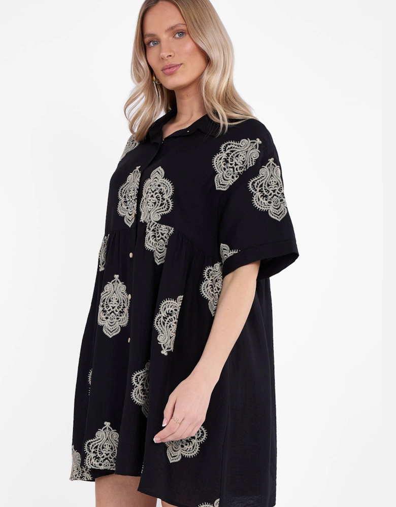 Black Embroidery Smock Oversized Mini Shirt Dress