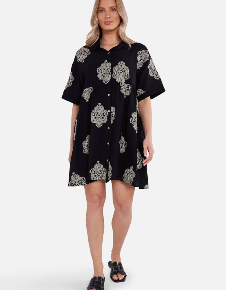 Black Embroidery Smock Oversized Mini Shirt Dress