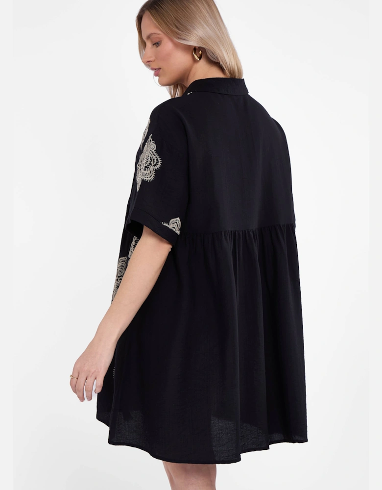 Black Embroidery Smock Oversized Mini Shirt Dress