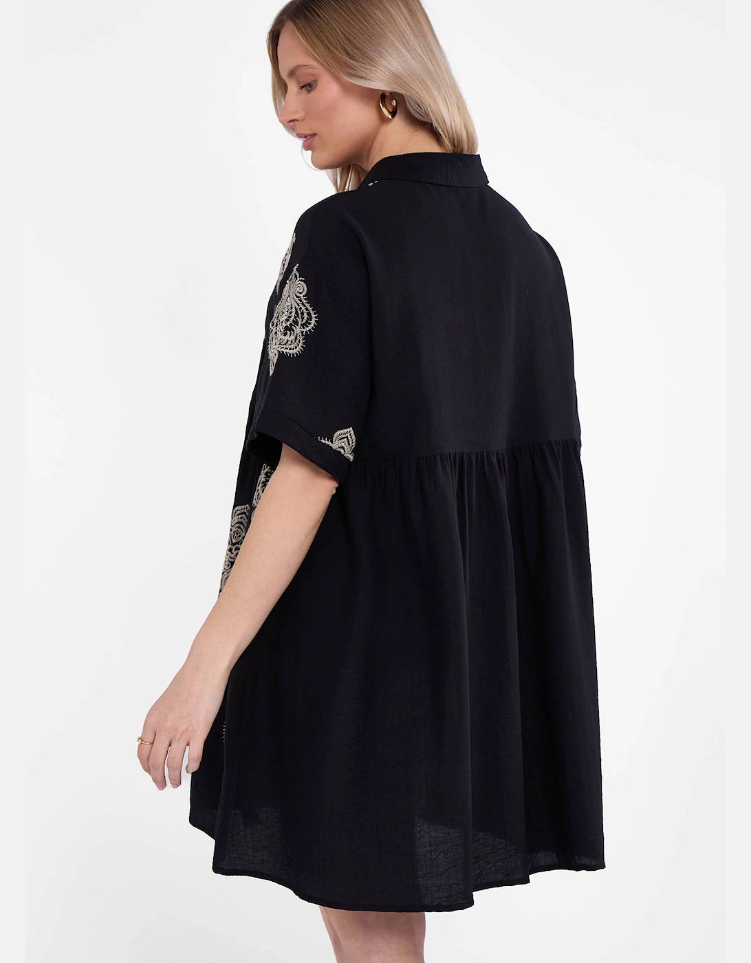 Black Embroidery Smock Oversized Mini Shirt Dress