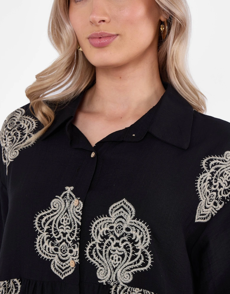 Black Embroidery Smock Oversized Mini Shirt Dress