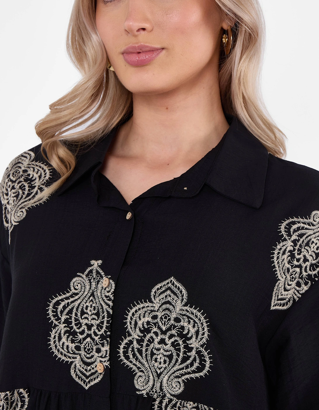 Black Embroidery Smock Oversized Mini Shirt Dress