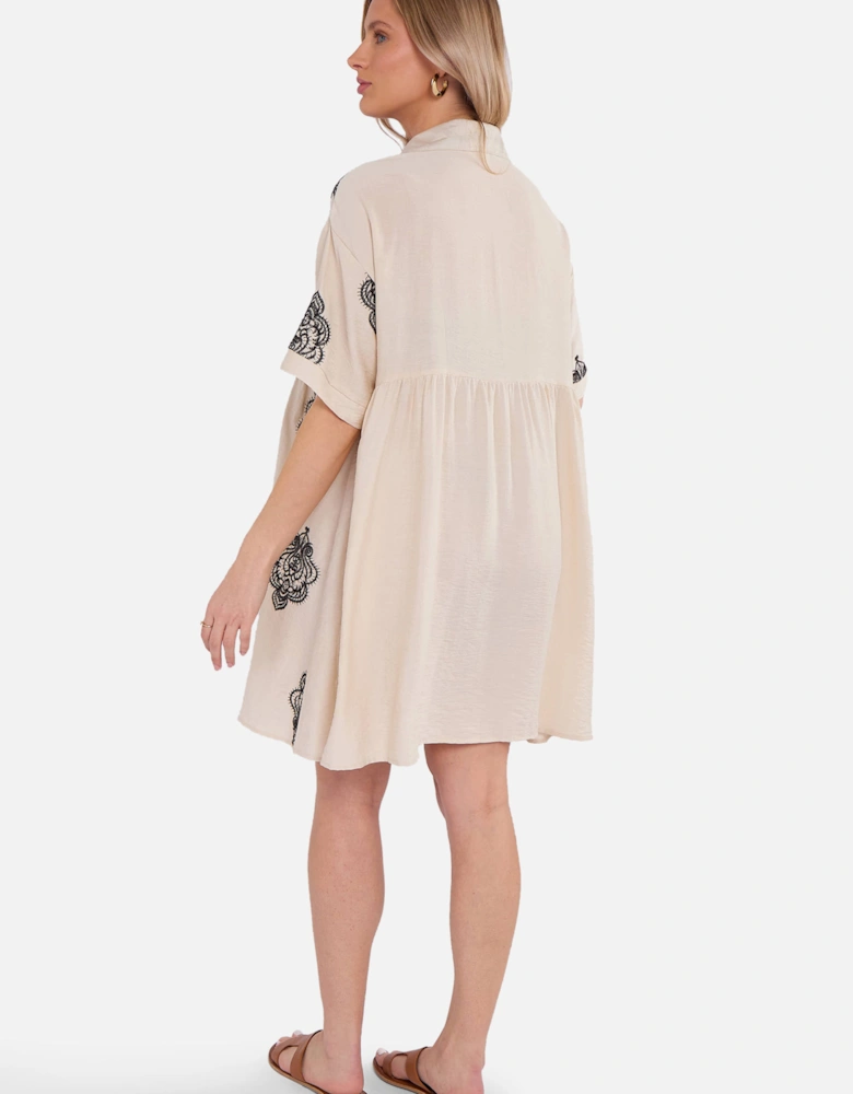Beige Embroidery Smock Oversized Mini Shirt Dress