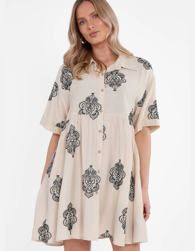 Beige Embroidery Smock Oversized Mini Shirt Dress